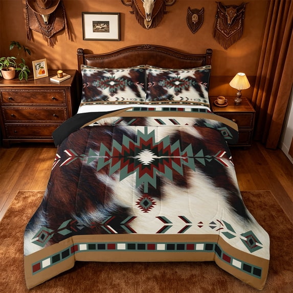 jejeloiu Rustic Aztec Full Size Comforter Sets,Western Cowhide Bedding Comforter Set For Boys,Green Brown,Black Reversible,3 Pieces,1 Comforter and 2 Pillowcases