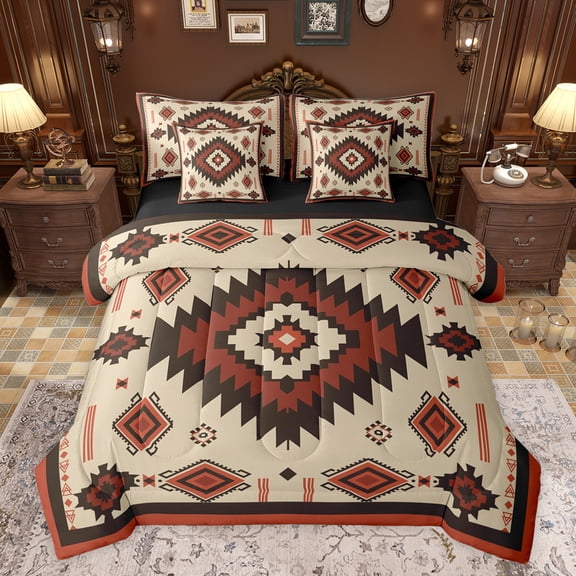 jejeloiu Rustic Aztec Geometri 7pcs Bedding Comforter Set,Boho Exotic Style Queen Bedding Sets,Red Brown Black Queen Sheet Sets For Adults,Super Cozy Room Decor Reversible