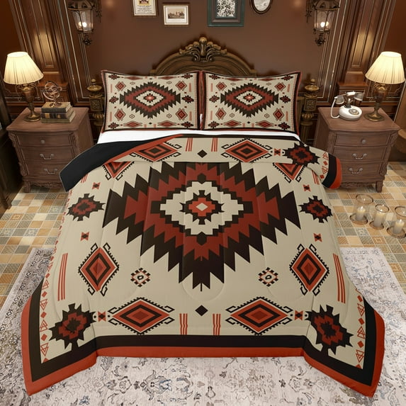 jejeloiu Rustic Aztec Geometri Queen Comforter Set,Boho Exotic Style Bedding Sets,Red Brown Black Bedding Comforter Set For Adults,Super Cozy Room Decor Reversible,3 Pieces