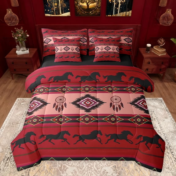 jejeloiu Rustic Aztec Rhombus 7-Piece Twin Bedding Sets,Boho Exotic Style Bedding Comforter Set,Red Black Sheet Sets For Adults,Super Cozy Room Decor Reversible