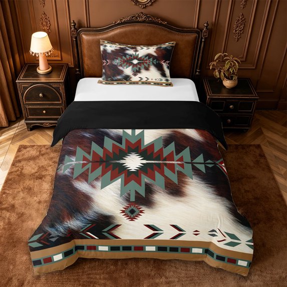 jejeloiu Rustic Aztec Twin Duvet Cover,Western Cowhide Twin Bedding For Boys,Green Brown,Black Reversible,2-Piece,1 Duvet Cover and 1 Pillowcase