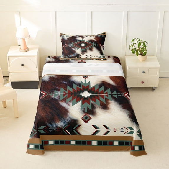 jejeloiu Rustic Aztec Twin Sheets,Western Cowhide Bedding For Boys,Green Brown,3-Piece,1 Fitted Sheet and 1 Pillowcase