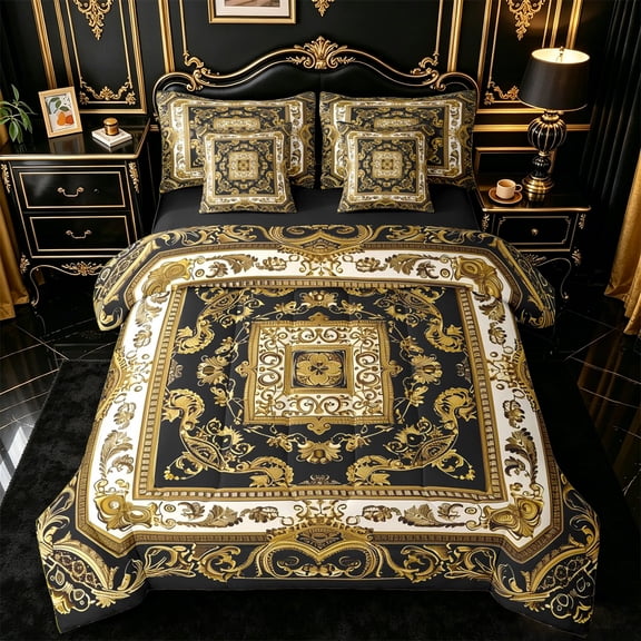 jejeloiu Rustic Baroque 7pcs Queen Bedding For Men Women,Classic Print Bedding Comforter Set Queen,Gold Black,Black Reversible