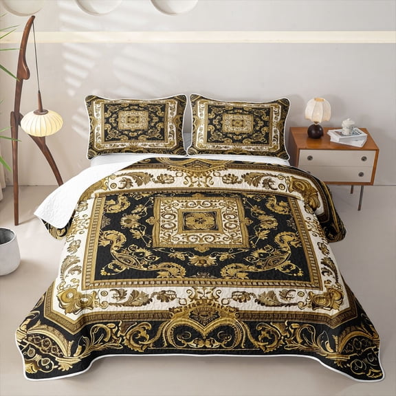 jejeloiu Rustic Baroque Twin Quilt Set For Men Women,Classic Print Twin Coverlet Set,Gold Black,2 Pieces
