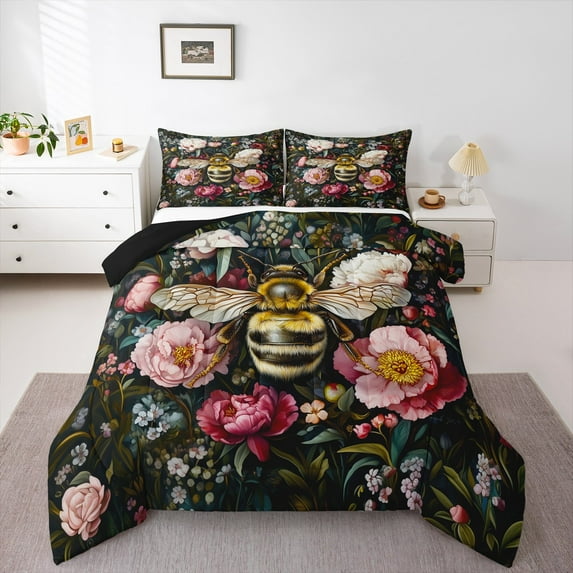 jejeloiu Rustic Bee Full Size Comforter Sets,Rustic Botanical Bedding Comforter Set,Colorful Flower Floral Bedding Sets For Girl,Super Cozy Room Decor Reversible,3 Pieces