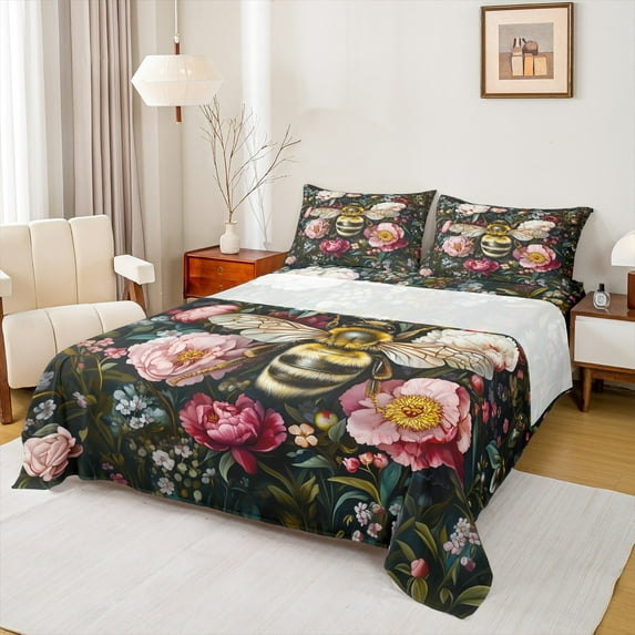 jejeloiu Rustic Bee Twin Sheet Set,Botanical Colorful Flower,Cozy Decor For Girls,3-Piece