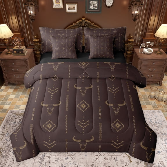 jejeloiu Rustic Boho Tribal 7-Piece Bedding Comforter Set,Farmhouse Bull Skull King Bedding Sets,Brown Aztec Pattern Bed Sheets For Adults,Super Cozy Room Decor Reversible