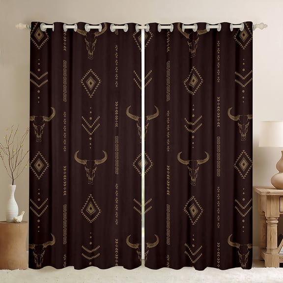 jejeloiu Rustic Boho Tribal Blackout Curtains Set of 2 (52x84 Each),Farmhouse Bull Skull Window Curtains,Brown Aztec Pattern Curtains and Drapes For Adults,Super Cozy Room Decor