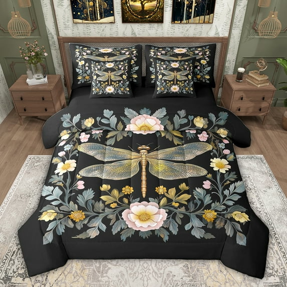 jejeloiu Rustic Botanical Floral 7-Piece Twin Bedding Sets,Wild Dragonfly Animals Bedding Comforter Set For Men Women Reversible