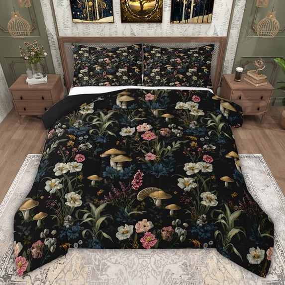 jejeloiu Rustic Botanical Floral Queen Comforter Set,Wild Mushroom Bedding Comforter Set For Adults Reversible 3 Pieces