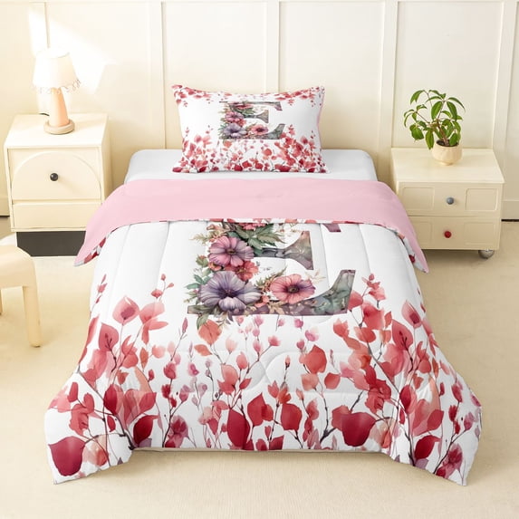 Catabedysis Rustic Botanical Floral Twin Comforter Sets For Girl,Retro Monogrammed E Design Bedding Set,Pink Reversible,2-Piece,1 Comforter and 1 Pillowcase