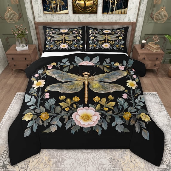 jejeloiu Rustic Botanical Floral Twin Comforter Sets,Wild Dragonfly Animals Bedding Set For Men Women Reversible 2 Pieces