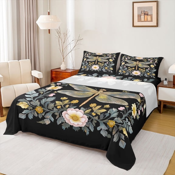 jejeloiu Rustic Botanical Floral Twin Sheet Sets,Wild Dragonfly Animals Bedding For Men Women 3 Pieces