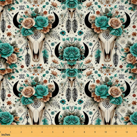 jejeloiu Rustic Bull Skull Fabric by the Yard 3 Yards,Cyan Floral Flower Sewing Fabric,Rustic Farmhouse Cabin Fabric for Sewing For Child,Breathable Home Decor