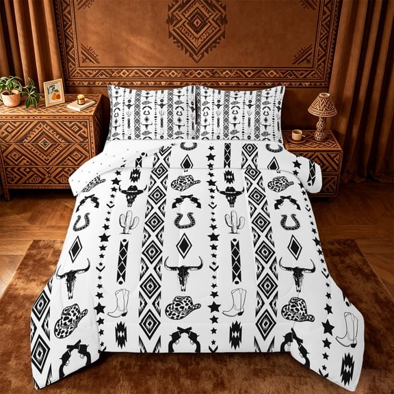 jejeloiu Rustic Bull Skull Full Size Comforter Sets Kids,Retro Cow Print Cowboy Hat Bedding Sets For Men,Reversible,3-Piece