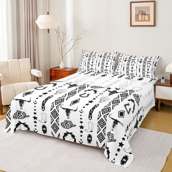 jejeloiu Rustic Bull Skull Full Size Sheets Kids,Retro Cow Print Cowboy Hat Bed Sheets For Men,4-Piece