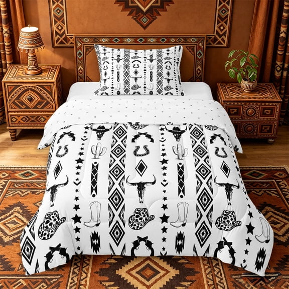 jejeloiu Rustic Bull Skull Twin Comforter Sets Kids,Retro Cow Print Cowboy Hat Bedding Set For Men,Reversible,2pcs