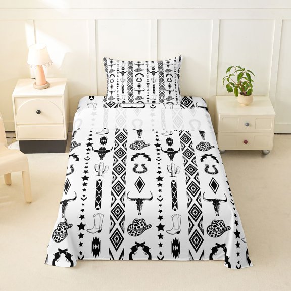 jejeloiu Rustic Bull Skull Twin Sheet Sets Kids,Retro Cow Print Cowboy Hat Bedding For Men,3pcs