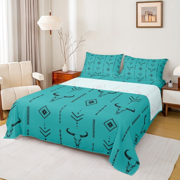 jejeloiu Rustic Bull Skull Twin Sheet Sets,Vintage Aztec Geometric Twin Fitted Sheet,Western Cowboy Flat Sheet For Men Women,Ultra Soft Home Decor,3 Pieces