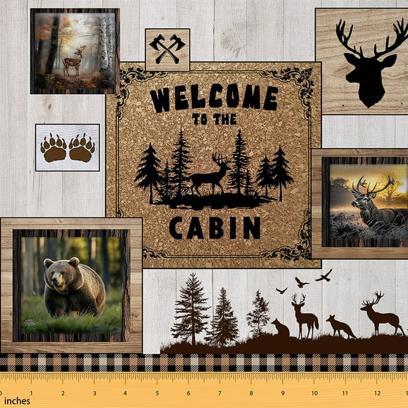 jejeloiu Rustic Cabin Fabric by the Yard 3 Yards, Bear Deer Moose Fabric for Sewing, Vintage Barn Door Home Decor Fabric by the Yard, Lightweight Room Decor