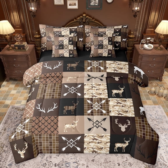 jejeloiu Rustic Camo Camouflage 7 Pieces Bedding Comforter Set,Safari Deer Elk Full Bedding Set,Brown Plaid Grid Fitted Sheet Flat Sheet For Kids,Breathable Home Decor Reversible