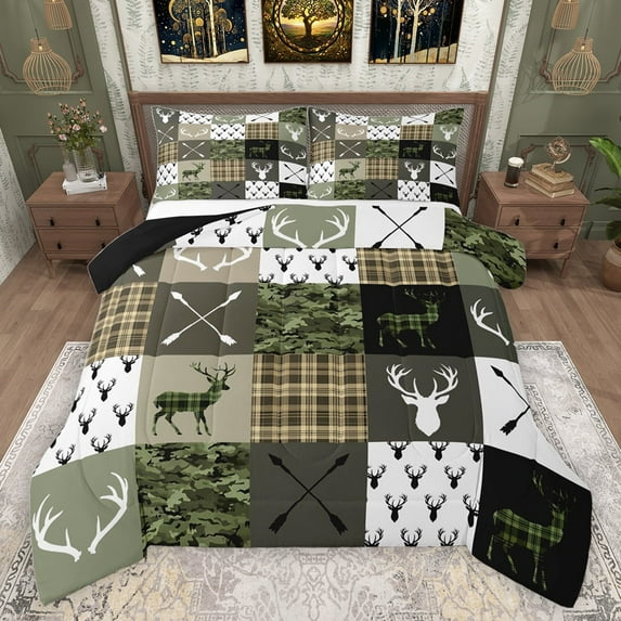 jejeloiu Rustic Camo Camouflage Bedding Comforter Set,Woodland Animal Deer Twin Comforter Sets,Vintage Grid Pattern Bedding Set For Teens,Ultra Soft Home Decor Reversible,2 Pieces