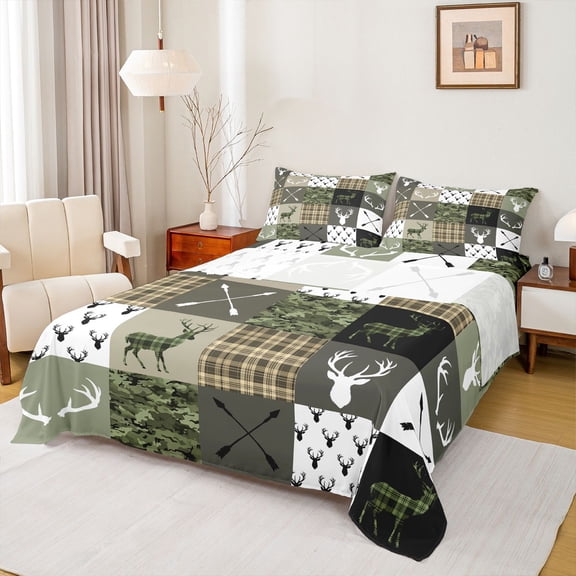 jejeloiu Rustic Camo Camouflage Full Size Sheets,Woodland Animal Deer Bed Sheets,Vintage Grid Pattern Sheet Sets For Teens,Ultra Soft Home Decor,4pcs