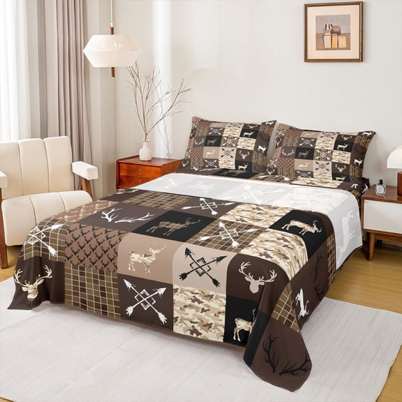 jejeloiu Rustic Camo Camouflage Twin Sheet Sets,Safari Deer Elk Twin Fitted Sheet,Brown Plaid Grid Flat Sheet For Kids,Breathable Home Decor,3pcs