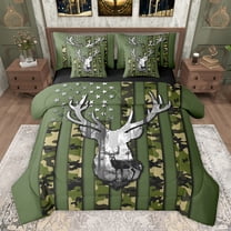 jejeloiu Rustic Camo Pattern 7-Piece Twin Bedding Sets,Jungle Animal Deer Bedding Comforter Set,Green Camouflage Sheet Sets For Kids,Luxury Bedroom Decor Reversible