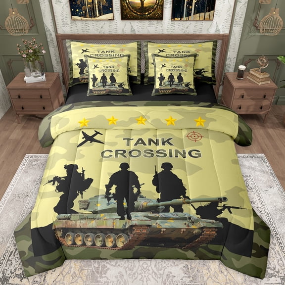 jejeloiu Rustic Camo Pattern 7 Pieces Bedding Comforter Set,Camouflage Print Full Bedding Set,Green Black Fitted Sheet Flat Sheet For Boys Teens,Microfiber Bedroom Decor Reversible