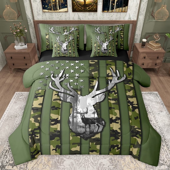 jejeloiu Rustic Camo Pattern 7pcs Bedding Comforter Set,Jungle Animal Deer Queen Bedding Sets,Green Camouflage Queen Sheet Sets For Kids,Luxury Bedroom Decor Reversible