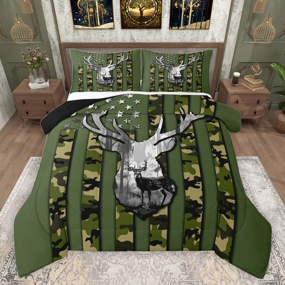 jejeloiu Rustic Camo Pattern Bedding Comforter Set,Jungle Animal Deer Twin Comforter Sets,Green Camouflage Bedding Set For Kids,Luxury Bedroom Decor Reversible,2 Pieces