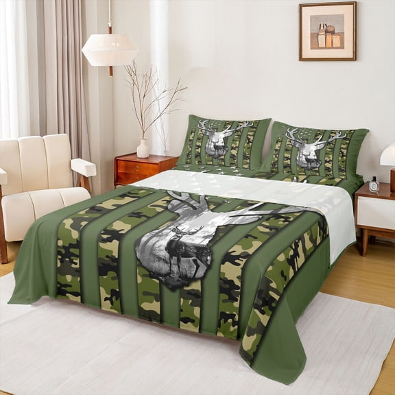 jejeloiu Rustic Camo Pattern Twin Sheet Sets,Jungle Animal Deer Twin Fitted Sheet,Green Camouflage Flat Sheet For Kids,Luxury Bedroom Decor,3 Pieces