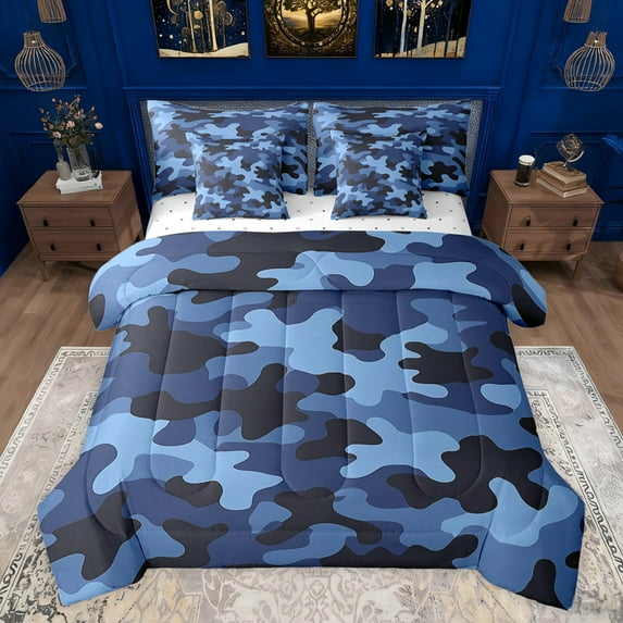 jejeloiu Rustic Camouflage 7-Piece Twin Bedding Sets,Farmhouse Camo Hunting Bedding Comforter Set,Blue Black Sheet Sets For Men Women,Super Cozy Room Decor Reversible