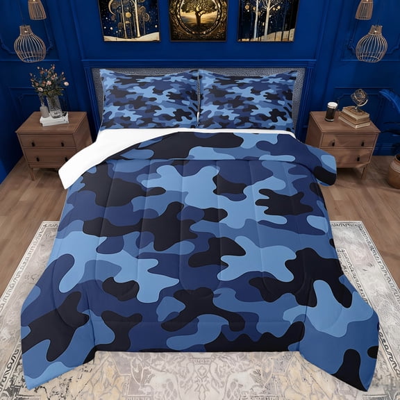 jejeloiu Rustic Camouflage Bedding Comforter Set,Farmhouse Camo Hunting Twin Comforter Sets,Blue Black Bedding Set For Men Women,Super Cozy Room Decor,2-Piece