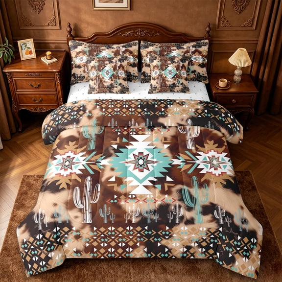 jejeloiu Rustic Cattle Hide 7 Pieces Full Size Bedding Sets,Desert Botanical Cactus Full Size Bed in a Bag For Boys,Brown Turquoise,Reversible