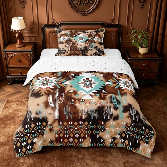 jejeloiu Rustic Cattle Hide Twin Comforter Sets,Desert Botanical Cactus Bedding Set For Boys,Brown Turquoise,Reversible,2pcs,1 Comforter and 1 Pillowcase
