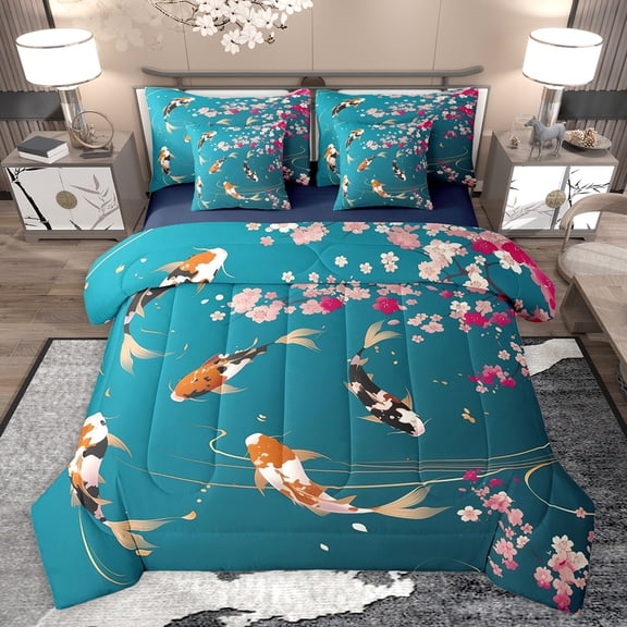 jejeloiu Rustic Cherry Blossom 7-Piece Twin Bedding Sets,Japanese Style Fish Bedding Comforter Set,Cyan Pink Sheet Sets For Kids,Luxury Bedroom Decor Reversible