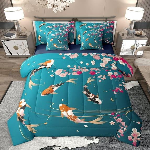 jejeloiu Rustic Cherry Blossom 7pcs Bedding Comforter Set,Japanese Style Fish Queen Bedding Sets,Cyan Pink Queen Sheet Sets For Kids,Luxury Bedroom Decor Reversible