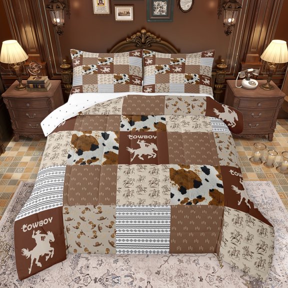 jejeloiu Rustic Cow Hide Queen Comforter Set,Western Cowboy Bedding Sets,Gpatchworl Geometric Check Bedding Comforter Set For Boys Kids,Ultra Soft Home Decor Reversible,3-Piece