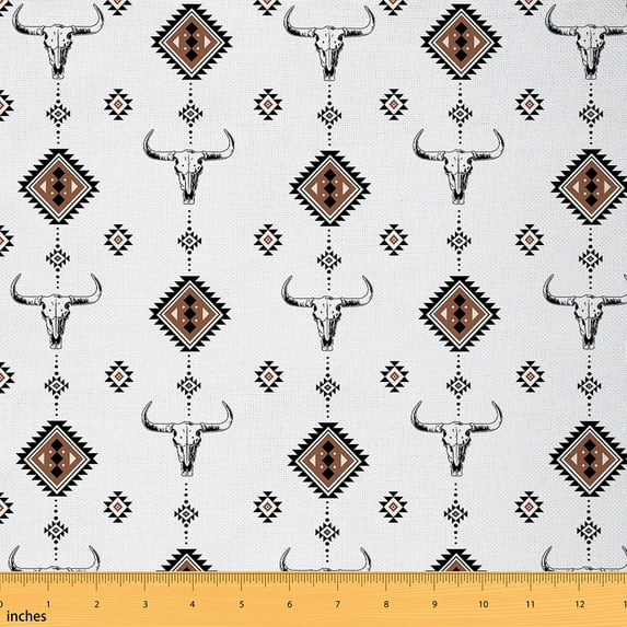jejeloiu Rustic Cow Skull Fabric by the Yard 3 Yards,Country Farm Animal Sewing Fabric,Black Brown Aztec Fabric for Sewing For Child,Breathable Home Decor