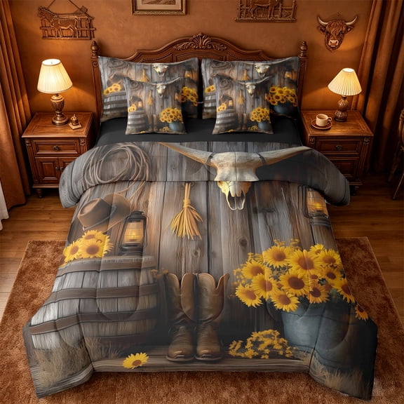 jejeloiu Rustic Cowboy Art 7-Piece Twin Bedding Sets Kids,Western Print Bedding Comforter Set For Men,Reversible