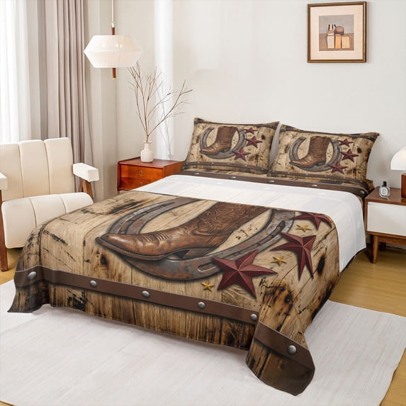 jejeloiu Rustic Cowboy Boot Bed Sheets Kids,Wooden Star Print King Sheets,4pcs