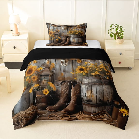 jejeloiu Rustic Cowboy Style Twin Comforter Sets Kids,Cute Floral Sunflower Bedding Set For Men,Reversible,2-Piece