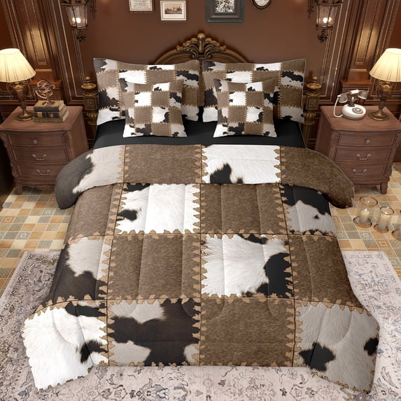 jejeloiu Rustic Cowhide 7-Piece Bedding Comforter Set,Country Farmhouse Lodge King Bedding Sets,Patchwork Cattle Hide Bed Sheets For Boys Girls,Ultra Soft Home Decor Reversible