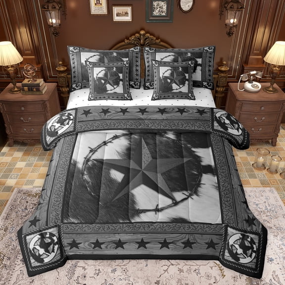 jejeloiu Rustic Cowhide 7-Piece Bedding Comforter Set,Vintage Texas Stars King Bedding Sets,Gray White Bed Sheets For Boys Teens,Luxury Bedroom Decor Reversible