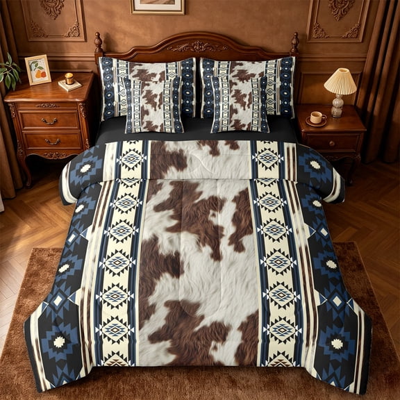 jejeloiu Rustic Cowhide 7-Piece Twin Bedding,Aztec Pattern Bedding Comforter Set For Boys,Brown Blue,Black Reversible