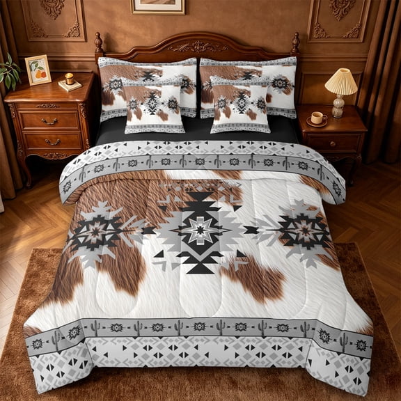 jejeloiu Rustic Cowhide 7 Pieces Full Size Bedding Sets,Tribal Aztec Full Size Bed in a Bag For Boys,Black White,Black Reversible