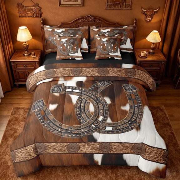 jejeloiu Rustic Cowhide Horseshoe 7pcs Bedding Comforter Set Kids,Farm Theme Queen Bedding Sets For Men,Reversible