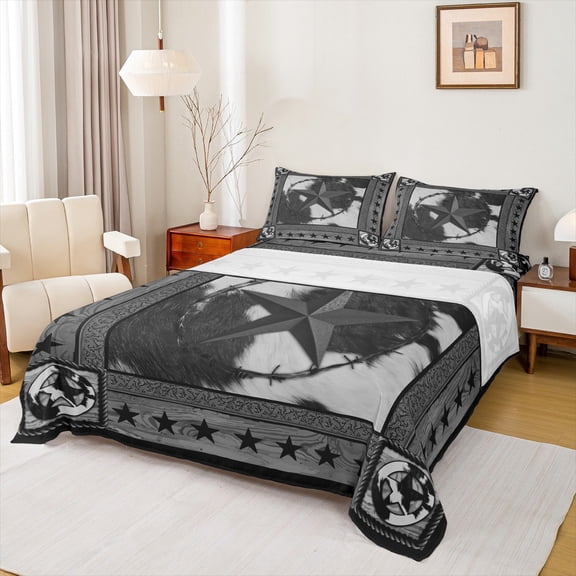 jejeloiu Texas Star Queen 4-Piece Luxury Gray White Cowhide Sheet Set